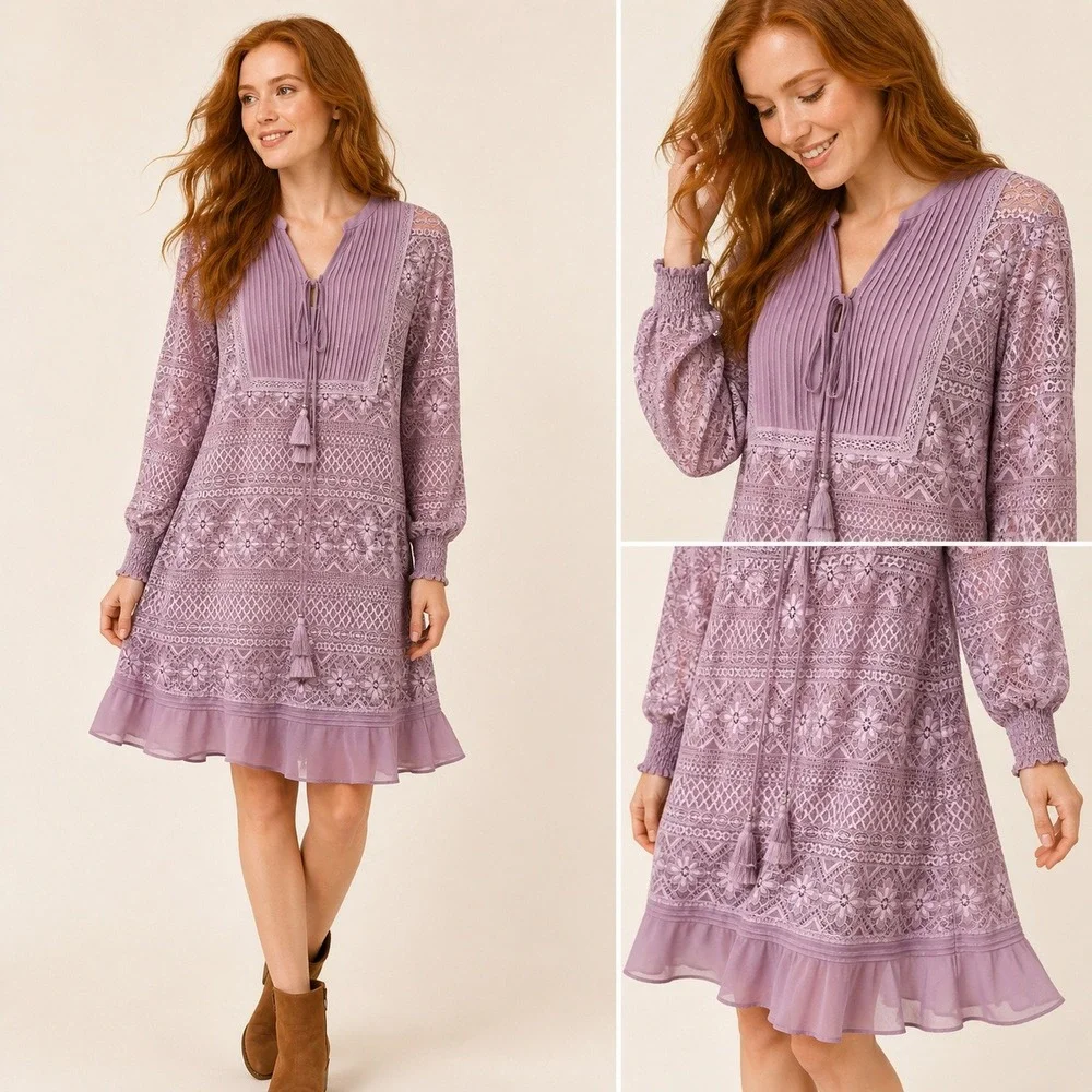 Sundance Lace Mini Dress S Purple Boho Pleated Tassel Ruffle Flounce Hem